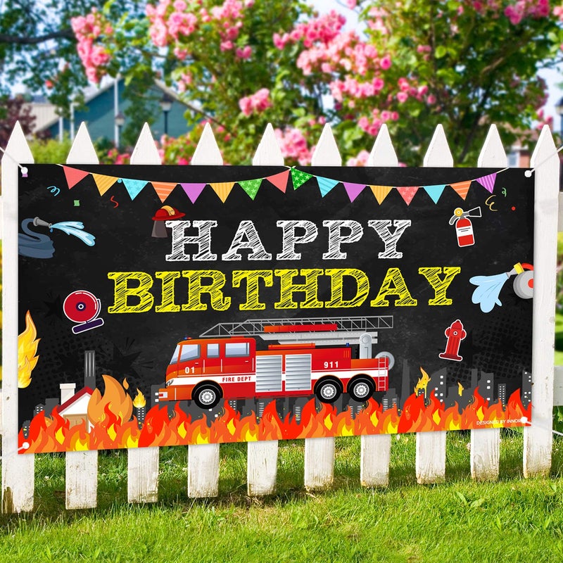 INNORU خلفية تصوير عيد ميلاد سعيد بالنار، ديكور حفلة عيد ميلاد بموضوع شاحنة الإطفاء للداخل والخارج، مستلزمات حفلات الأطفال 6X4 قدم - Image 4